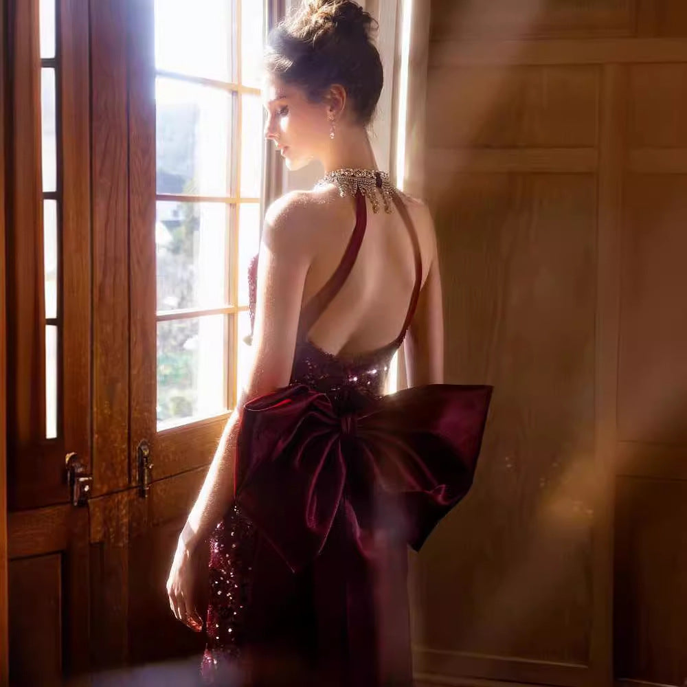 Sequined Toast Dress for Bride Wine Red Engagement Banquet Temperament Long Halter-Style Heavy Work Fishtail Evening Dress for Women