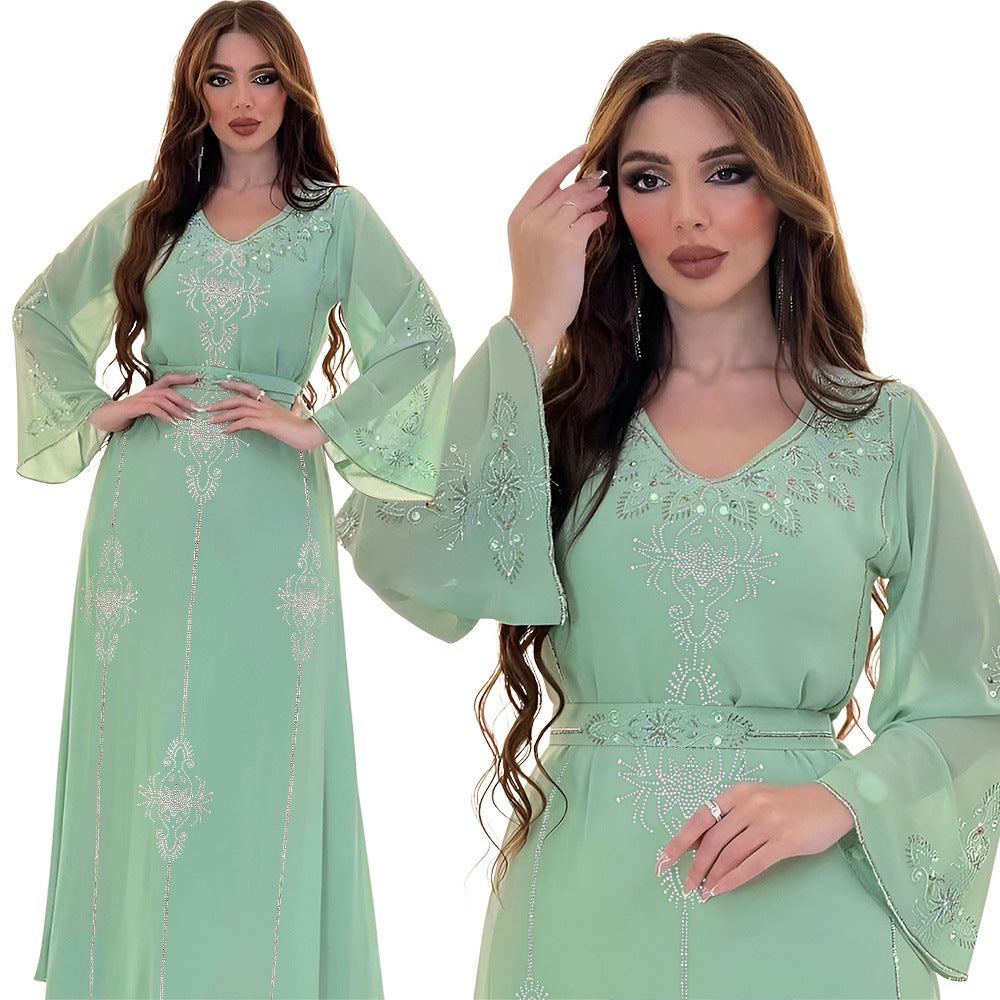 Xqy500176 Saudi Arabia Dubai Fashion Rhinestone Dress Summer Chiffon Robe Middle East Women's Dress