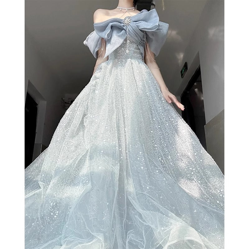 off-Shoulder Evening Dress for Women Banquet Temperament Light Luxury Minority High-End Host Art Exam Adult Ceremony Dress Pettiskirt