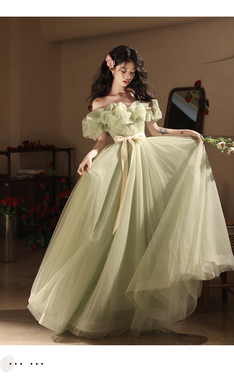 off-Shoulder Evening Dress High-End Affordable Luxury Niche Atmosphere Host Annual Party Dress Student Art Exam Performance Green