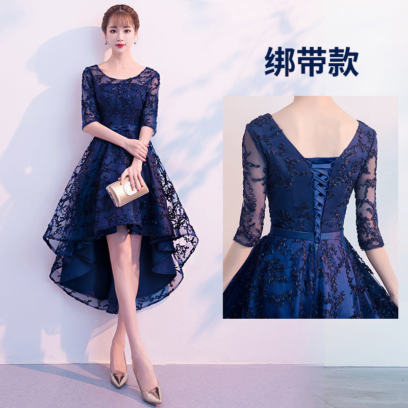 Navy Blue Evening Dress Temperament Banquet Mom Wedding Reception Clothes Front Short Back Length Dress Daily Style Autumn and Winter