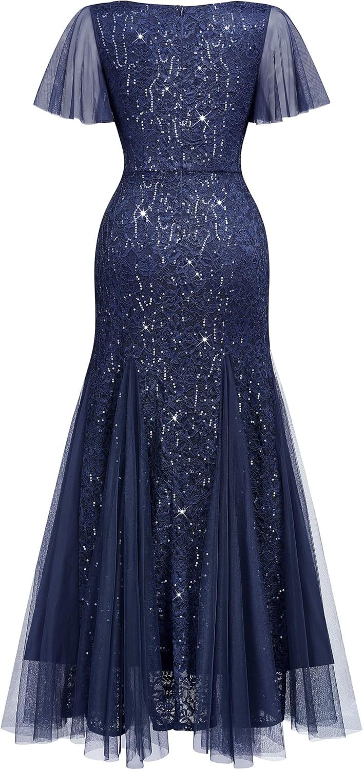 Cross-Border EBay Amazon European and American New Women's V-neck Dress Lace Chiffon Double-Layer Dress Sequined Evening Dress