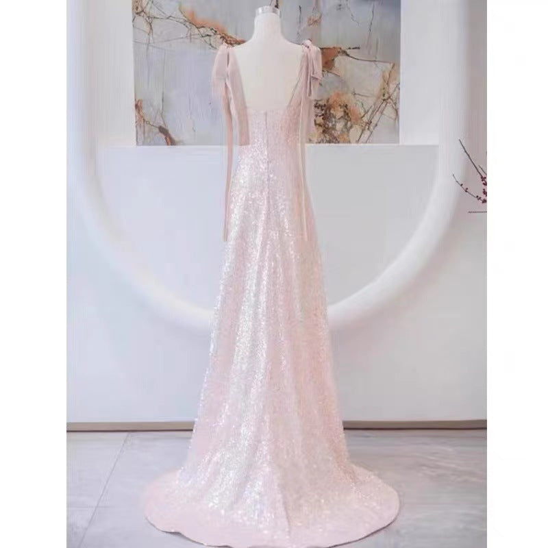 Pink Evening Dress Women's Sequined Mopping Sleeveless Niche Banquet Temperament Socialite Host Annual Party Evening Dress