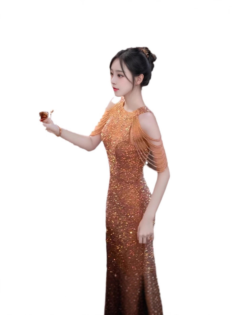 New High-End Dress New Light Luxury Minority High Sense Banquet Temperament Socialite Host Fishtail Dress Evening Dress