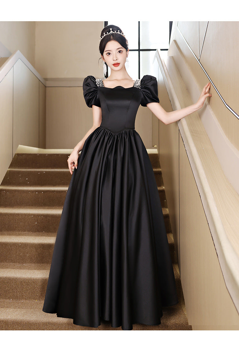 Black Evening Dress Women's Satin High Sense High-End Affordable Luxury Niche Banquet Adult Ceremony Temperament Host Art Test