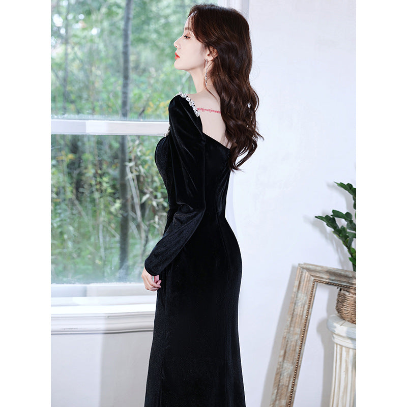 Black Evening Dress 2024 New Banquet Temperament Long Slim Fishtail Split Velvet Socialite Host's Dress