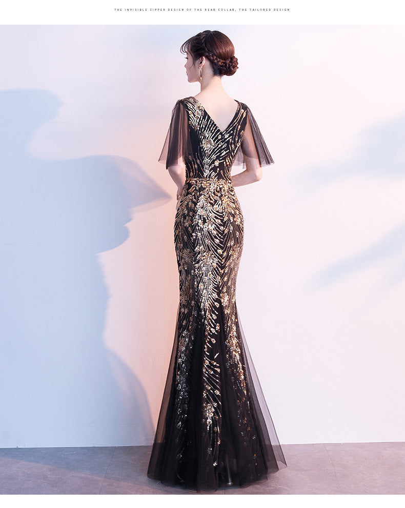 Evening Dress for Women 2024 New Banquet Socialite Gathering Long Style with Medium Sleeves V-neck Black Paillette Host Fishtail