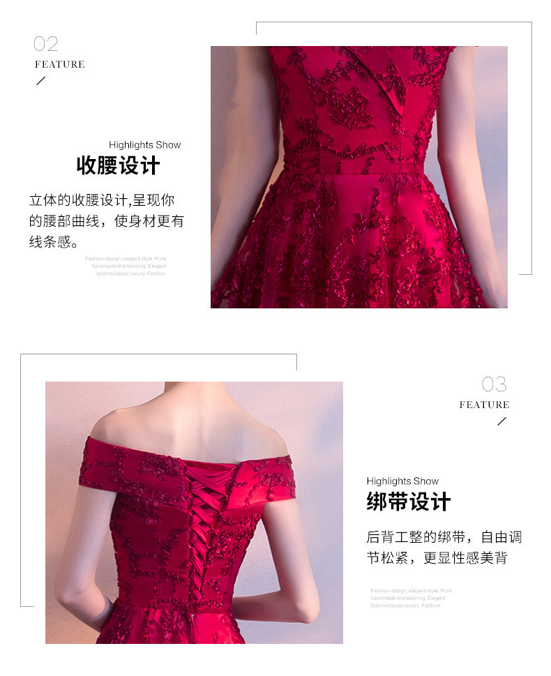 2024 New Summer Red Lace Off-Shoulder Long Slimming Wedding Evening Dress for Bride