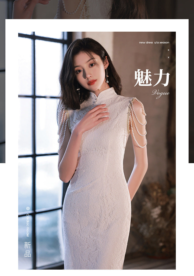 2024 New Cheongsam Little Evening Dress Dress Spring White Birthday Engagement License Registration Daily Style