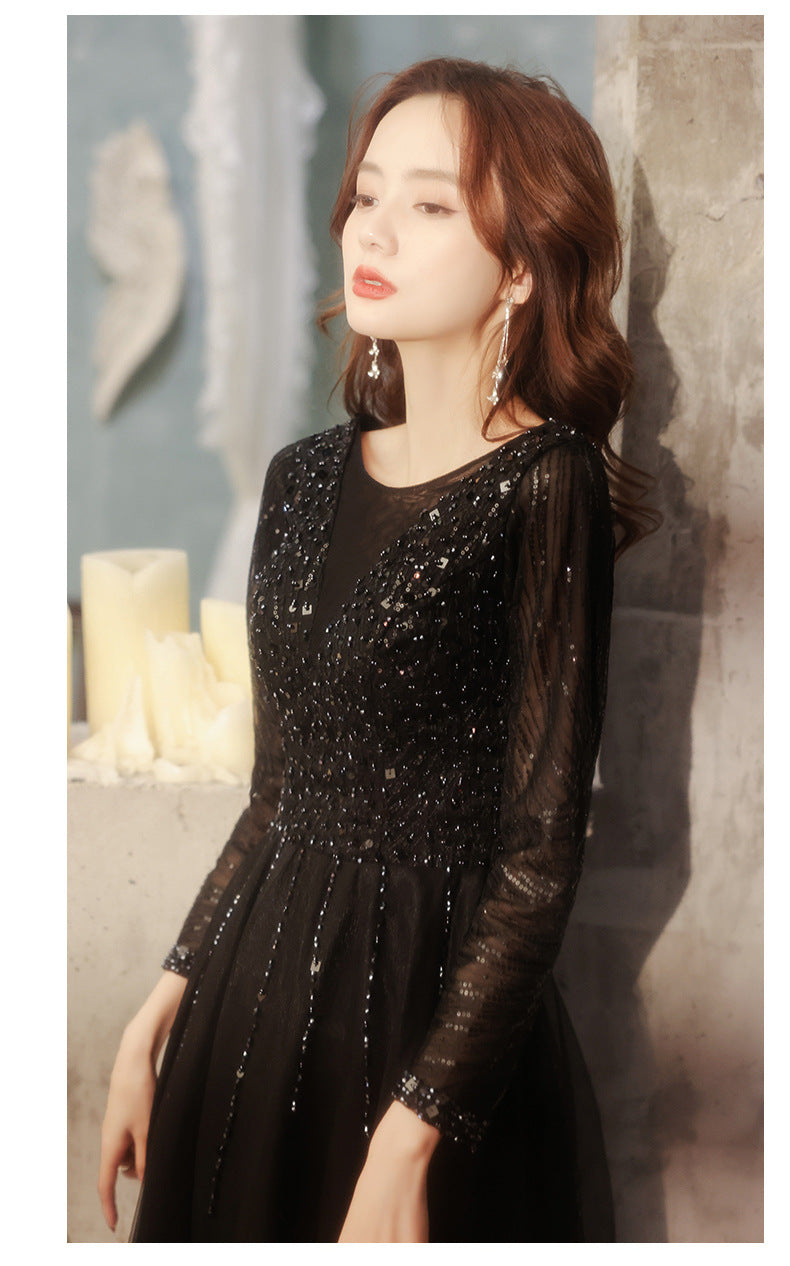 Black Evening Dress Female 2024 Autumn New Master Host Art Exam Dress Choral Performance Long Dress