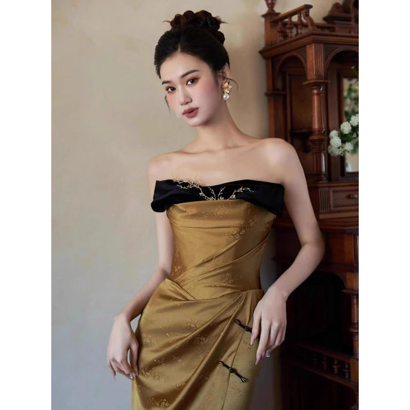 Morning Gowns Women's 2024 New High-Grade New Chinese Style Tube Top Toast Clothing Niche Retro Slit Bride Engagement Formal Dress