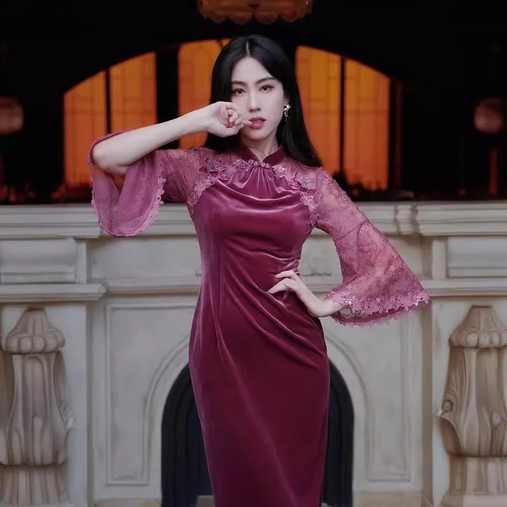 Banquet Red Dress and Cheongsam Female Ruofu Autumn and Winter 2024 New Year Velvet Noble Improved Dress Republic of China Style