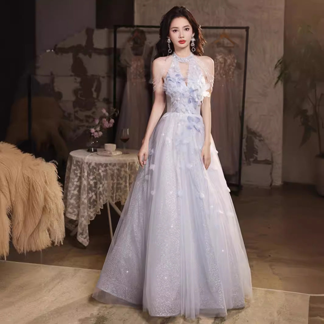 Wedding Dress Evening Dress for Women Light Luxury Minority High-End Blue Graduation High School Beautiful Umbrella Princess Dress Adult Ceremony Girl