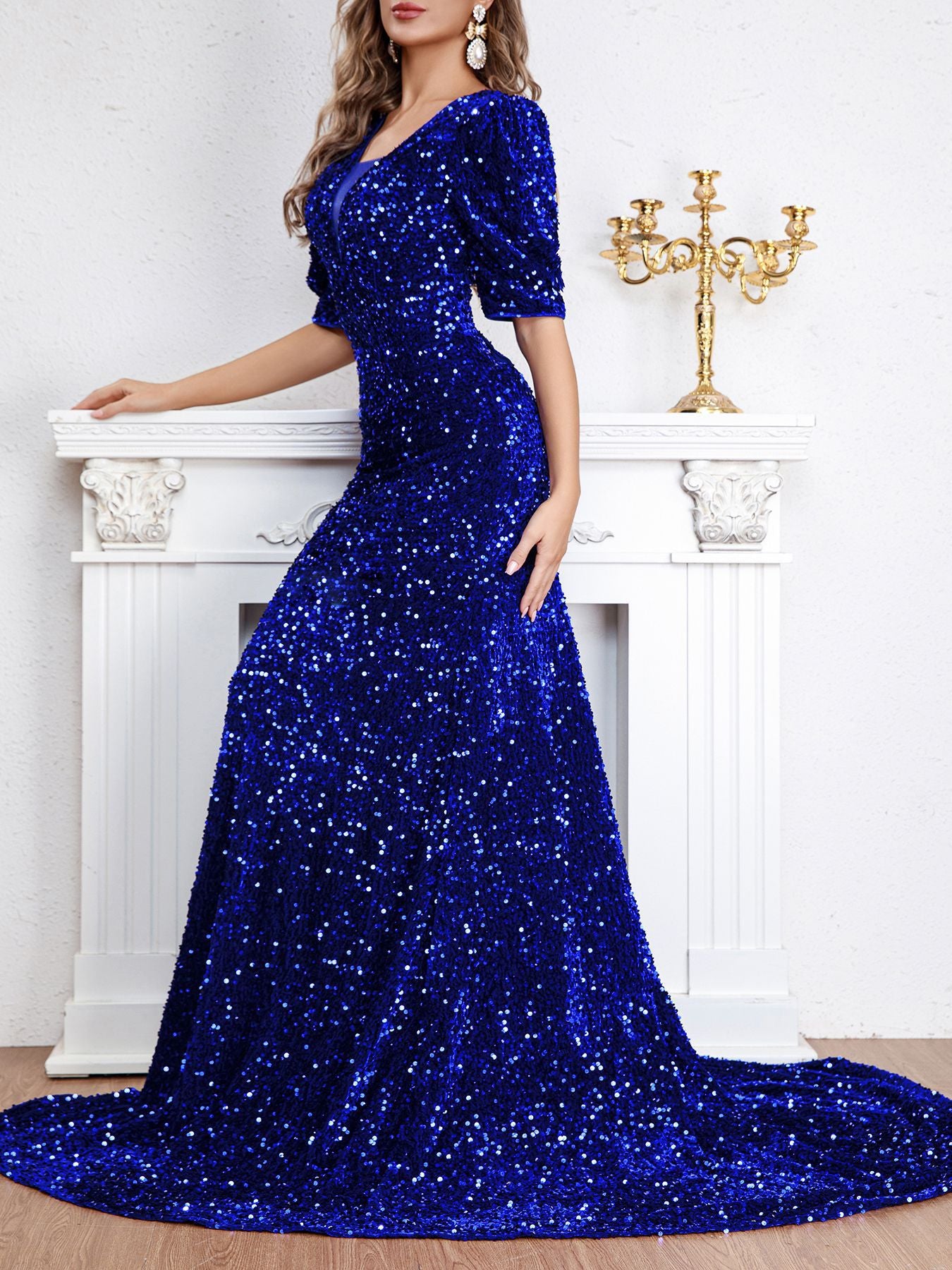 Autumn and Winter New European and American Foreign Trade Women's Clothing Amazon Sexy Middle Sleeve Trailing Sequin Dress Banquet Evening Dress