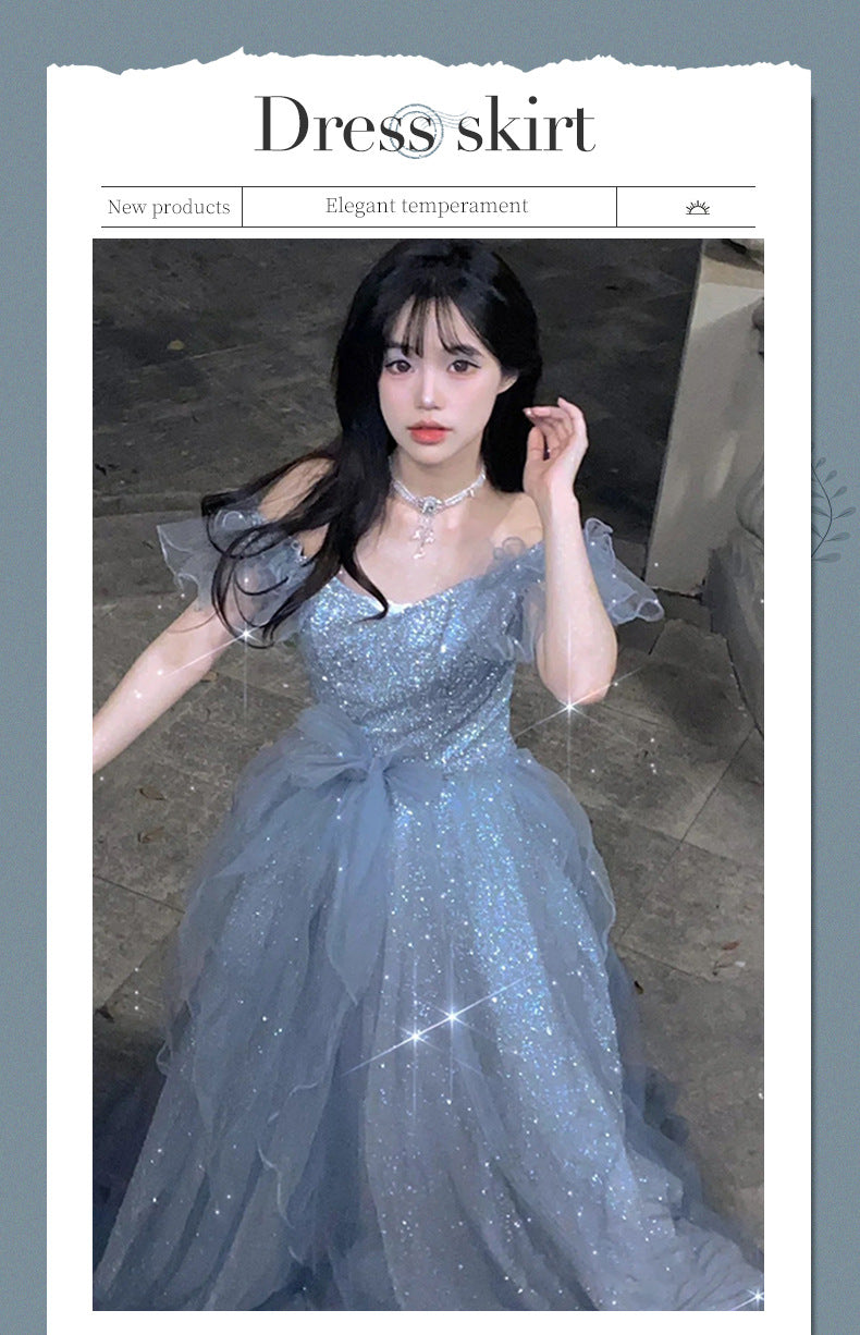 French Princess Escape Evening Dress Super Fairy Blue Student Art Exam Performance Dress off-Shoulder Temperament Bride Toast Dress