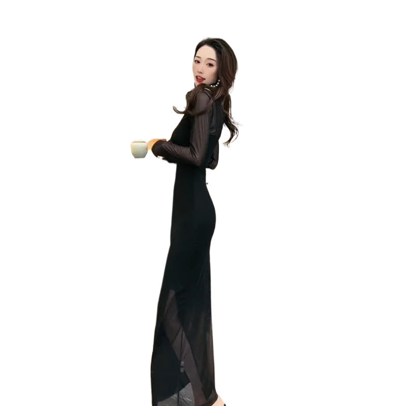 Sexy Slim Hip Mesh Black Dress French Retro Hepburn Style High-End Sense Temperament Long Sleeve Base Dress