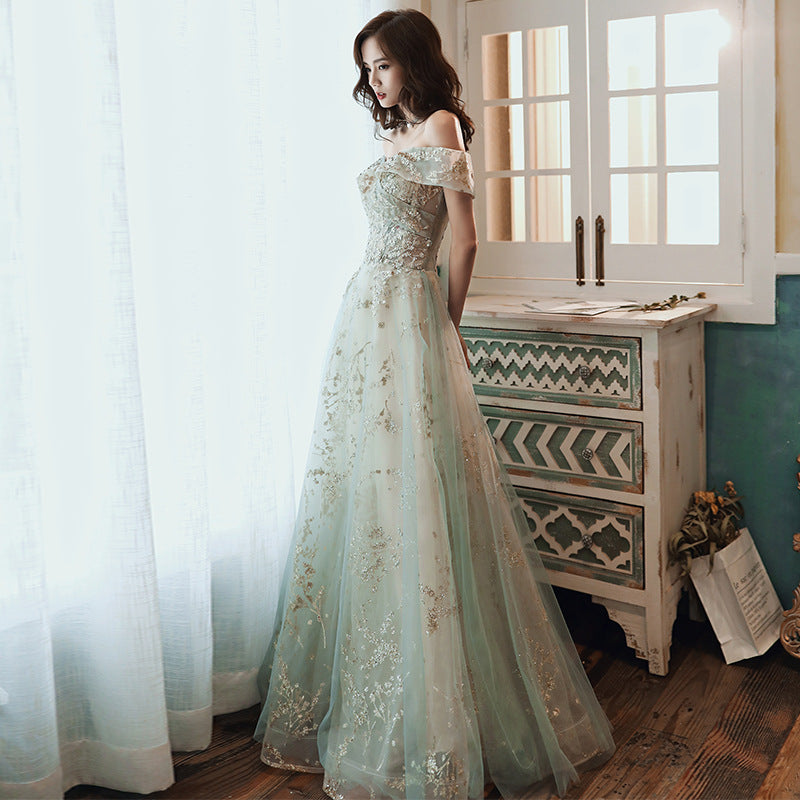 Evening dresses Green Dance Dress off-Shoulder Evening Dress French Retro Court Banquet Elegant Graceful Long Formal skirt  H25376