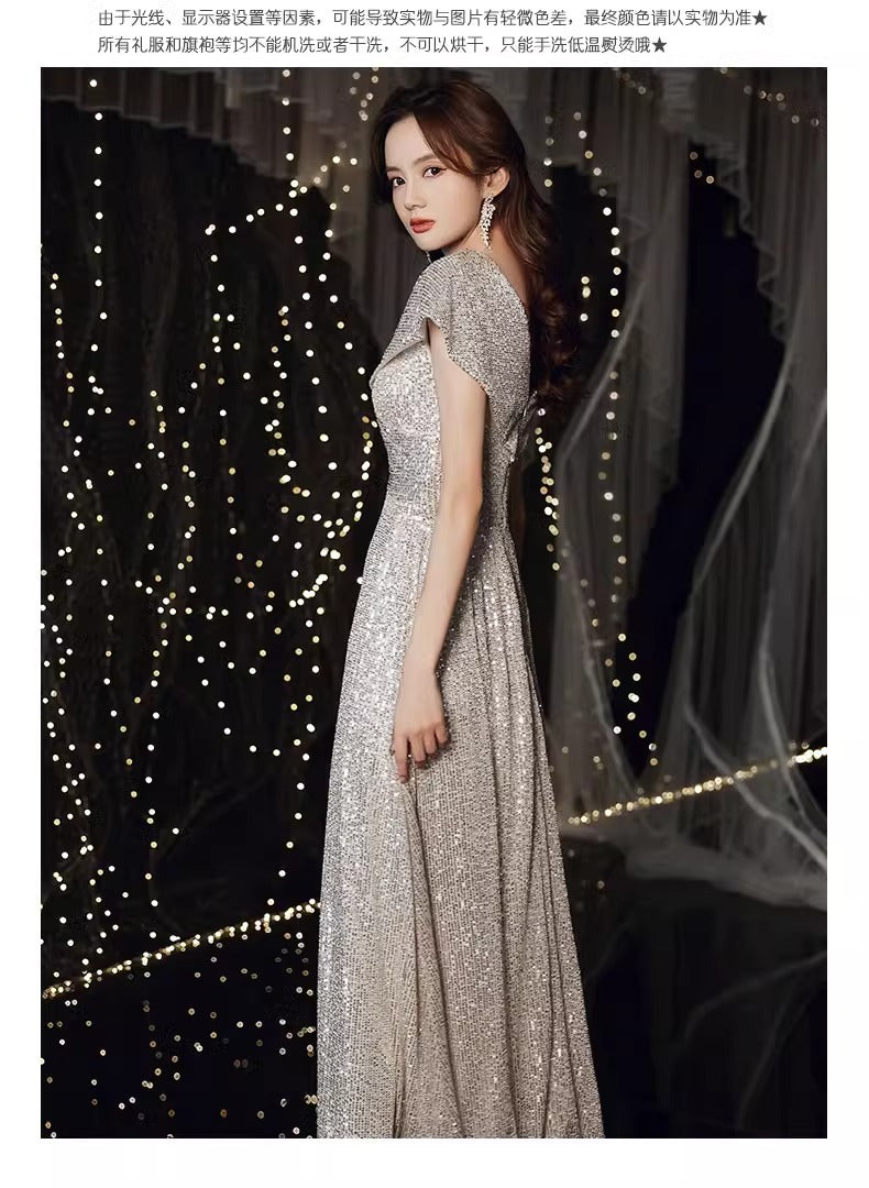 Banquet Evening Dress 2024 New High Sense V-neck Sequins Special Interest Light Luxury Performance Host's Dress Dress