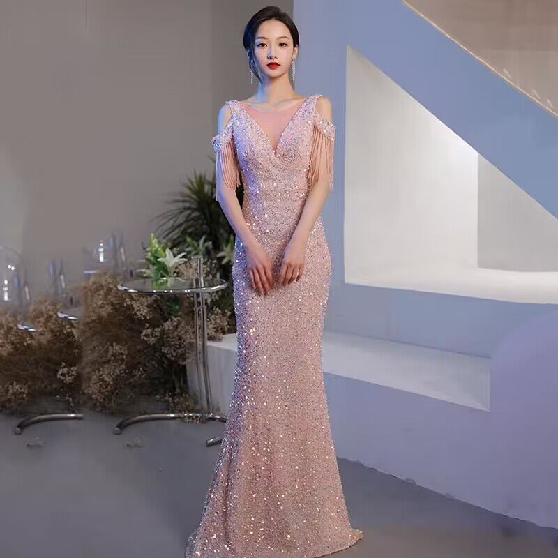 3185 Heavy Industry Evening Dress Women's New Banquet Temperament High-End Fishtail Host Socialite Light Luxury Minority High-End