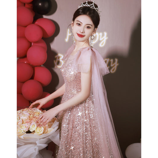Pink Evening Dress 2024 New Fairy Temperament Banquet Birthday Graduation Adult Princess Engagement Dress Factory Supply