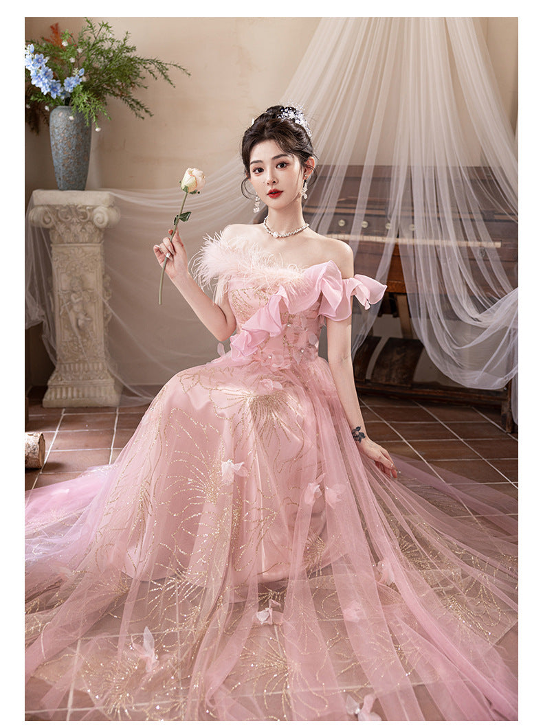 off-Shoulder Evening Dress Female Banquet Temperament Socialite High-End Affordable Luxury Niche Host Engagement High-Grade Pink