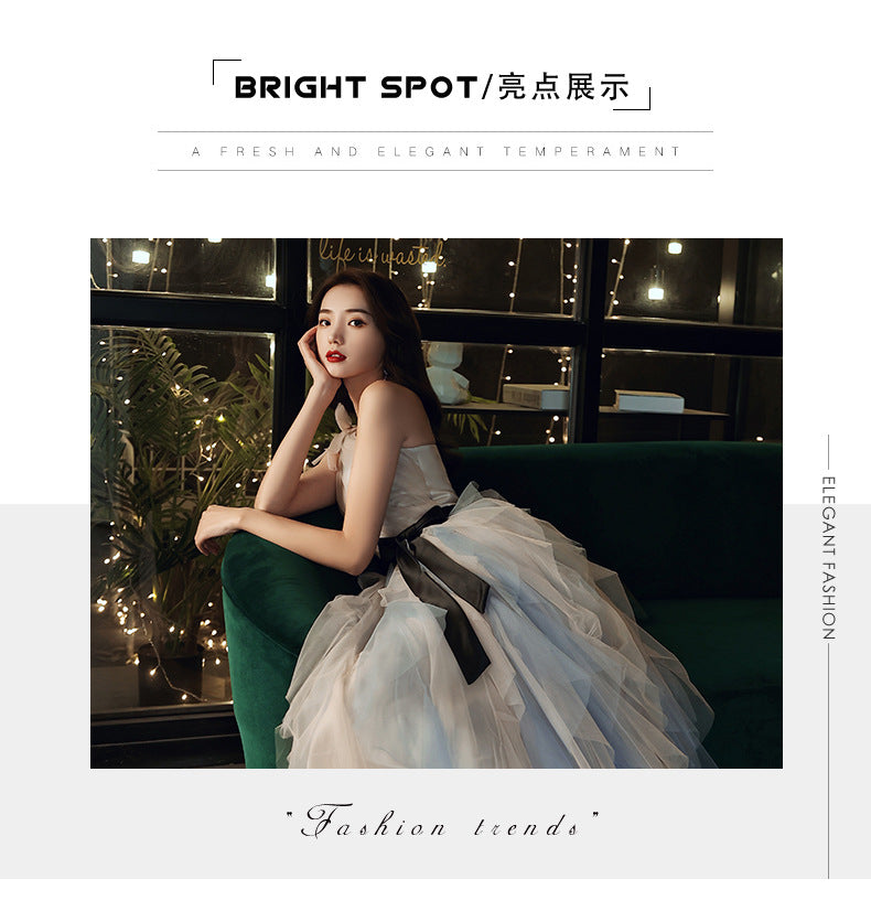 Annual Party Evening Dress Women's 2024 Belt Oblique Shoulder Design Socialite Host Dress Temperament Piano Performance Dress