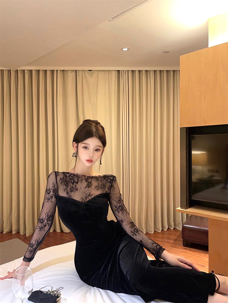 1164 Europe and America Southeast Asia Foreign Trade Wholesale 2024 French Pure Desire Lace Stitching Velvet Backless Dress Dress