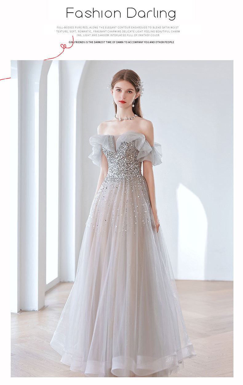 Temperament Banquet Evening Dress for Women 2024 New Autumn Bridal off-Shoulder Gray Elegant Dress for Host