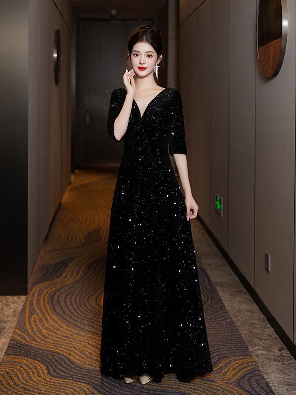 High-end Sequin Evening Dress for Choir Performance Host Conductor Piano Performance Slim Fit Slimming Choir Dress for Women