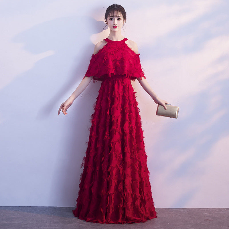 Halter Banquet Evening Dress Dress Women's 2024 Autumn New Elegant Long Slimming Solo Art Exam Pink Bridesmaid