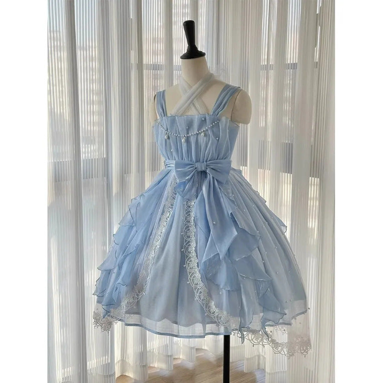 French First Love Sweet Dress Lolita Princess Birthday Little Dress Ruffled Spaghetti Straps Dress High Sense