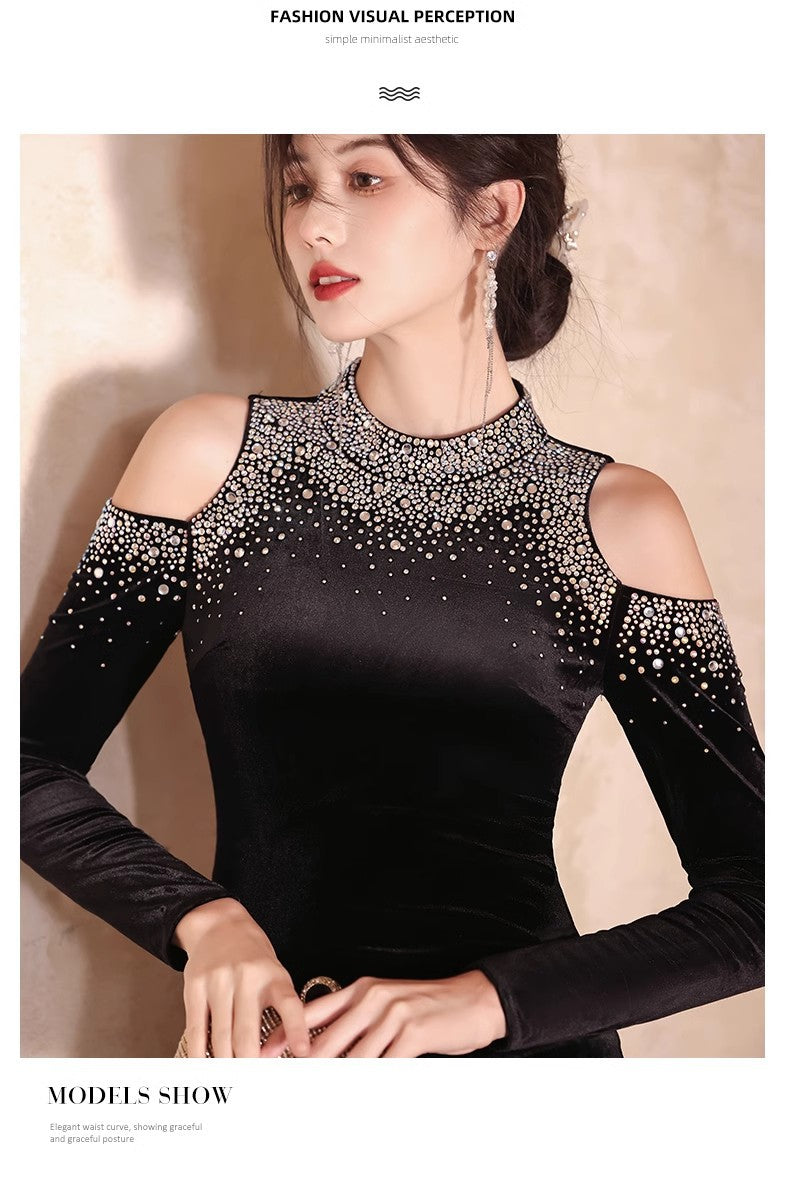 Factory in Stock Wholesale New Elegant and Beautiful off-Shoulder Long Sleeve Banquet Host Black Mermaid Evening Dress for Women