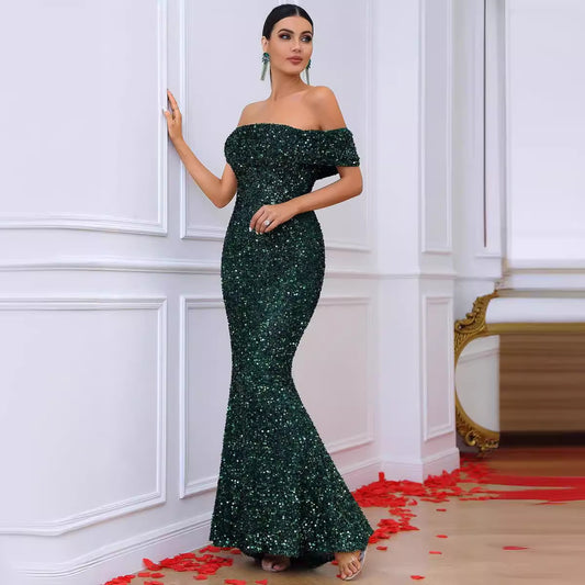 Evening Dress Green Sequin off-Shoulder Green Sequined Annual Meeting Fishtail Evening Dress Banquet ball gown H9989