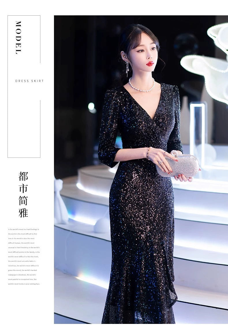 Black Evening Dress High-End Affordable Luxury Niche Female 2024 New Host Birthday Banquet Sequined Fishtail Dress Autumn