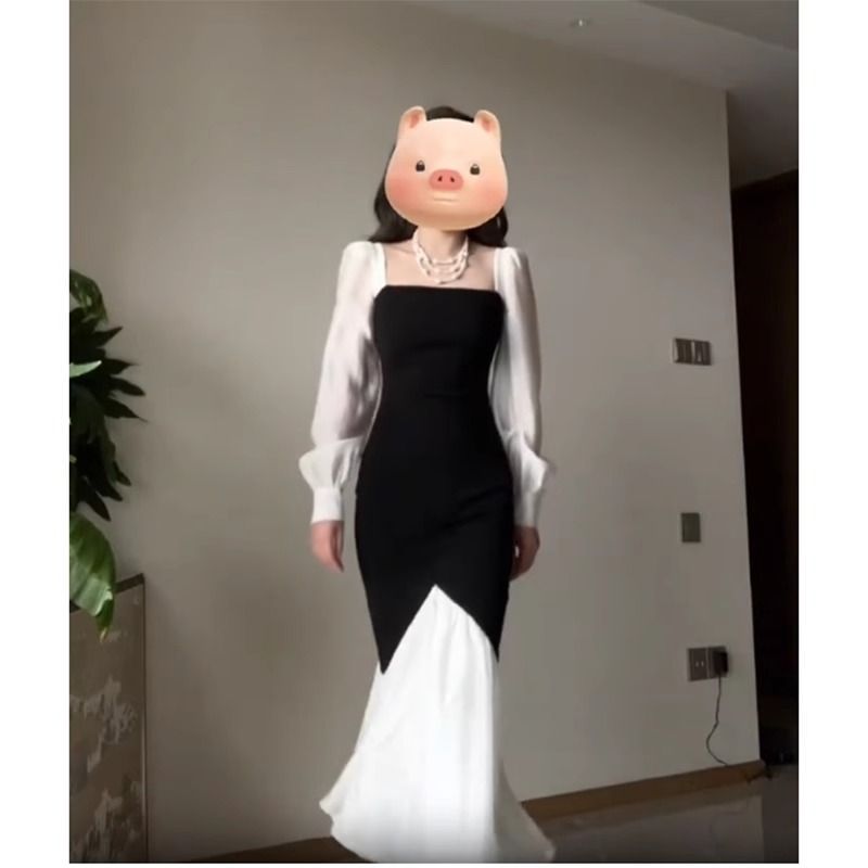 French Square Collar Color Contrast Patchwork Dress Women's Elegant Early Spring and Autumn New Slim Fit High Waist Fishtail Long Skirt Fashion