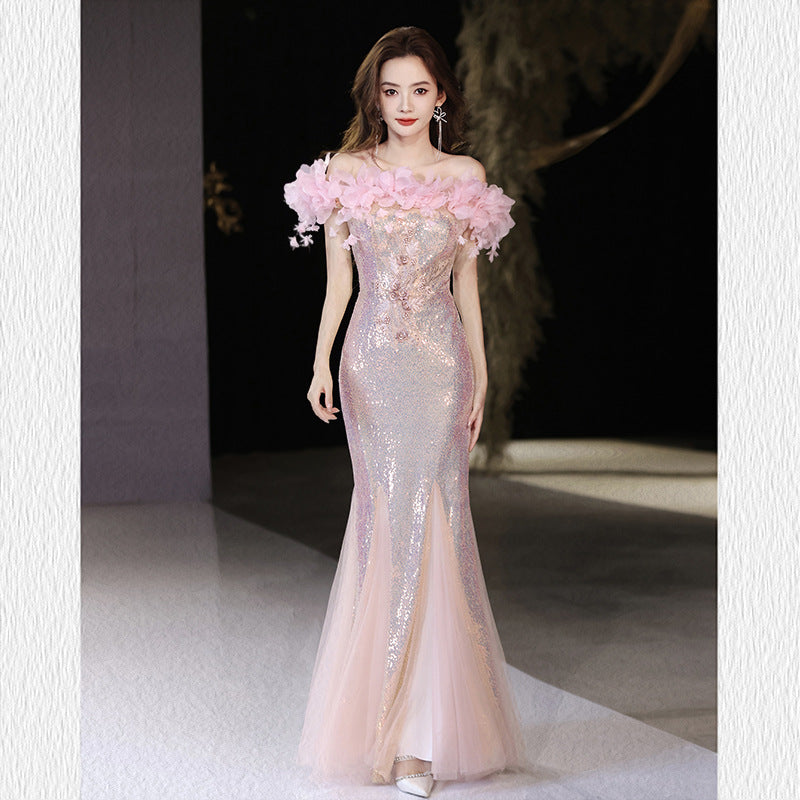 Fishtail Evening Dress 2024 off-Shoulder High-End Affordable Luxury Niche High-End Host Sequined Annual Meeting Dinner Flash