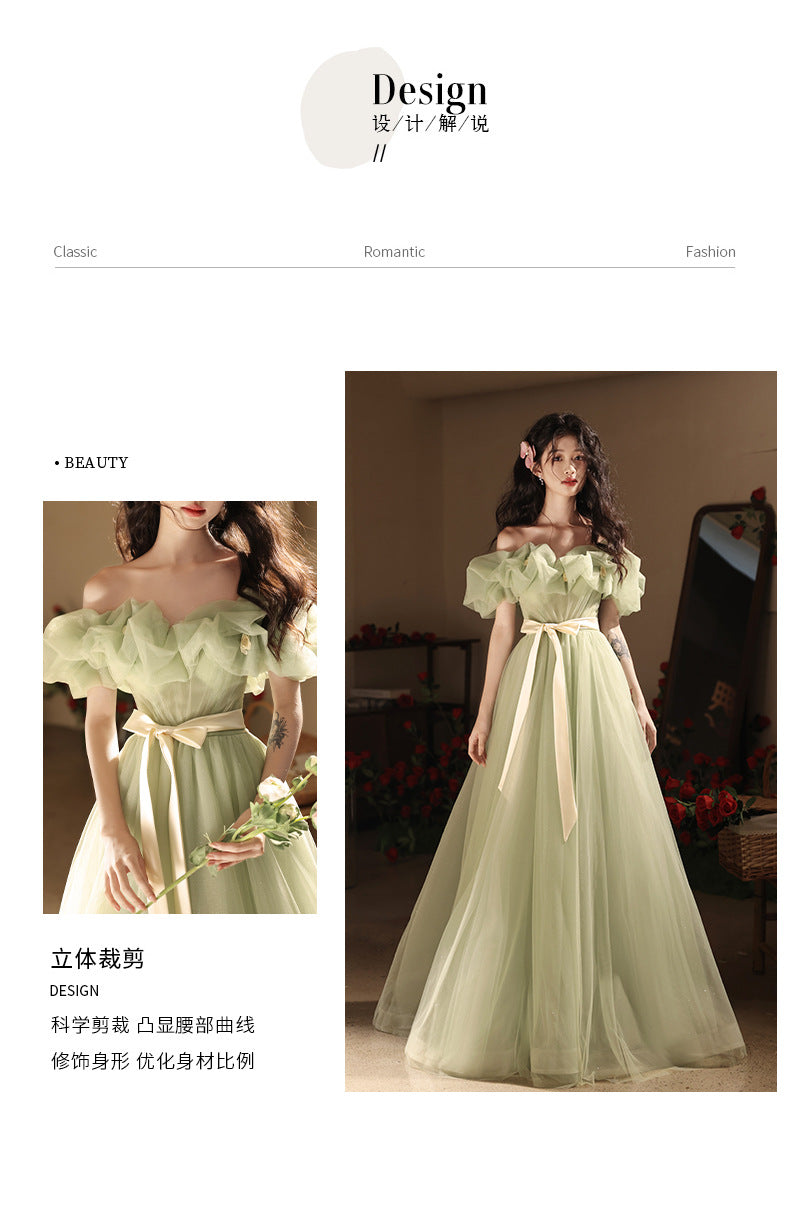 off-Shoulder Evening Dress High-End Affordable Luxury Niche Atmosphere Host Annual Party Dress Student Art Exam Performance Green