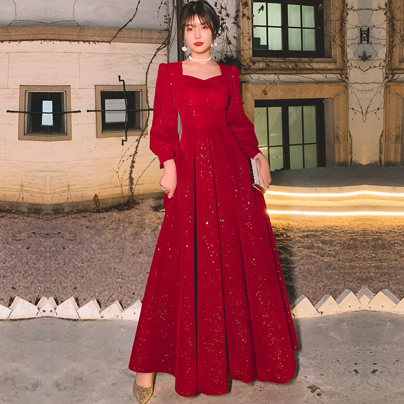 Evening Dresses Red Long Sleeve Dinner Dress Party Ball Gown Host'S Fishtail Star Shining H333