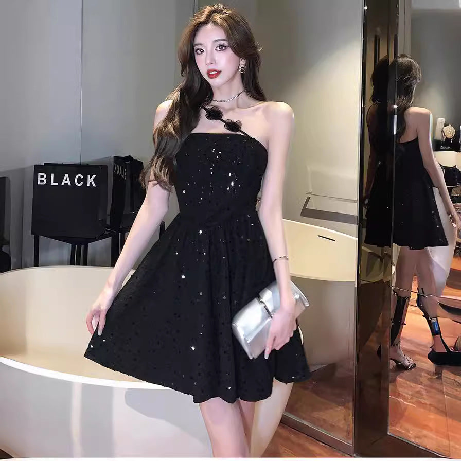 6155 Cross-Border in Stock 2024 New Sweet Lady Heavy Craft Sequin Slim Fit Bandeau One-Shoulder Dress Dress