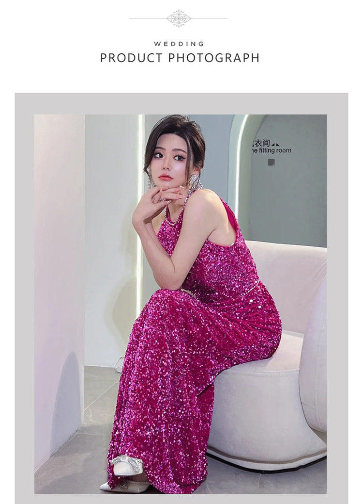 Rose Red Evening Dress Temperament Entry Lux Sense Backless Fishtail Engagement Dress Bridal Halter Toast Dress