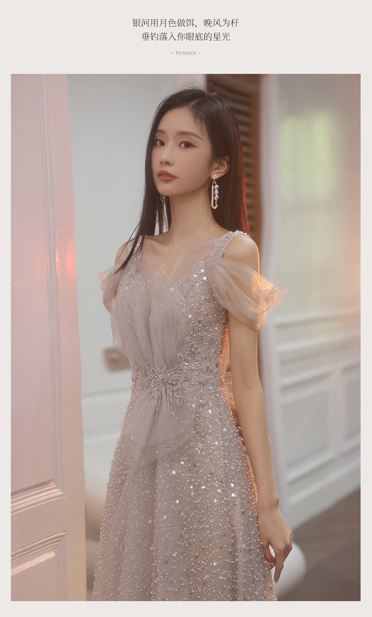 Evening Dress 2024 Autumn and Winter New Banquet Temperament Heavy Industry Light Wedding Dress Engagement Dress Toast Dress Host