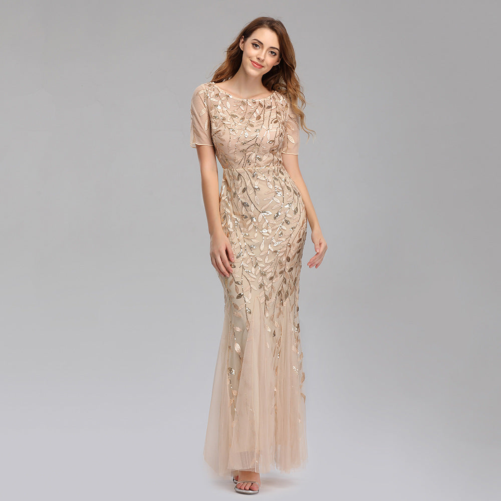 Spring and Summer Cross-Border 2024 Banquet Host European and American Slim Mesh Sequins Evening Dress Fishtail Dress Women