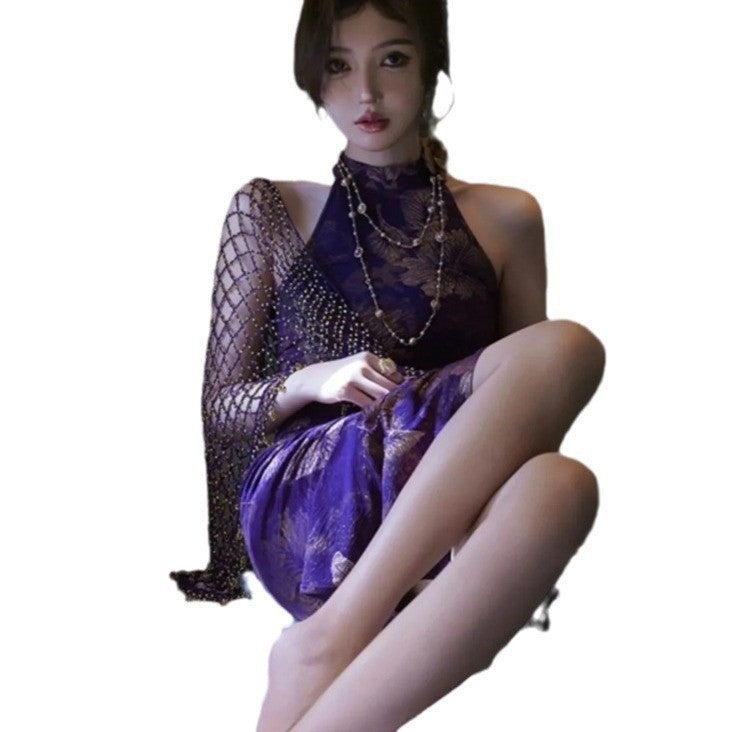 New Chinese Style Improved Cheongsam for Women 2024 New Young High-End Temperament Jacquard Purple Sexy Sheath Dress