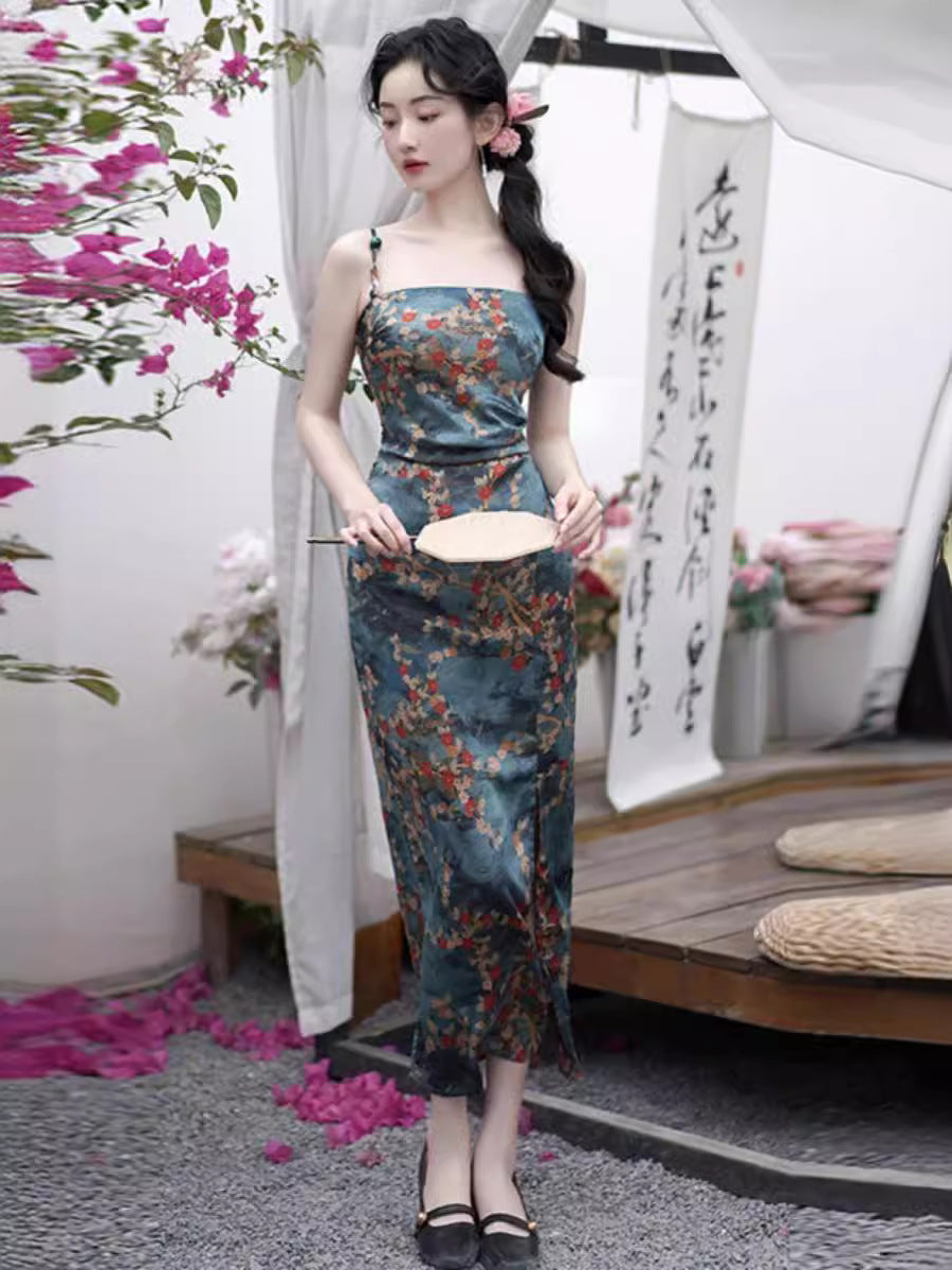 2024 Summer New High Sense Slim-Fit Figure Flattering Long Dress Retro Color Printing Sleeveless Split Dress National Style