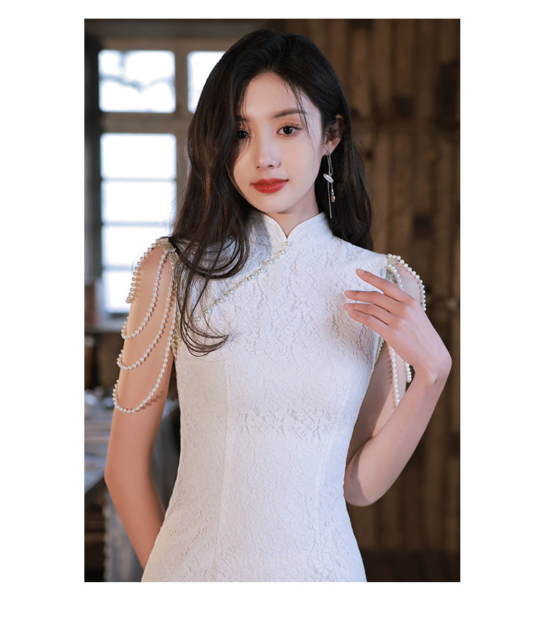 2024 New Cheongsam Little Evening Dress Dress Spring White Birthday Engagement License Registration Daily Style