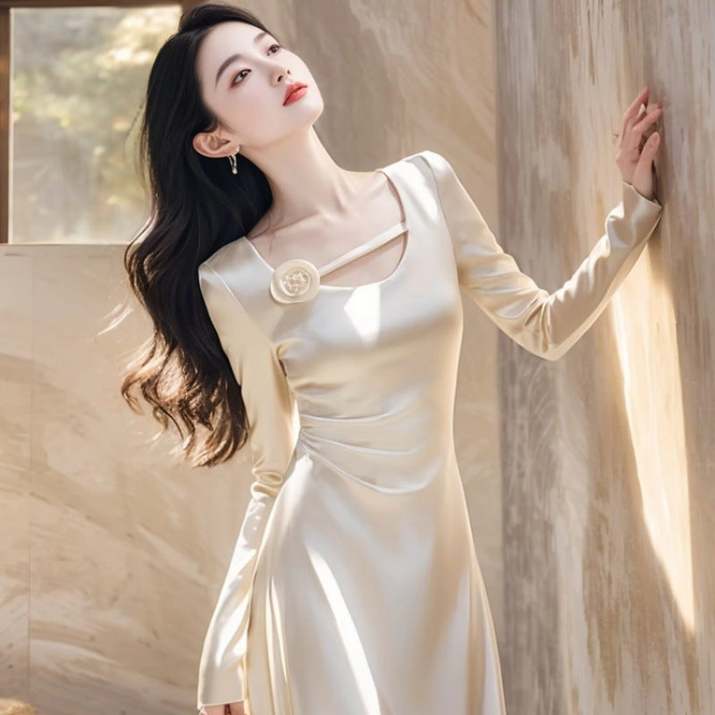Formal Occasions Elegant White Satin Dress Autumn Wear French High-End Exquisite Classic Style Waist-Slimming Long Dress