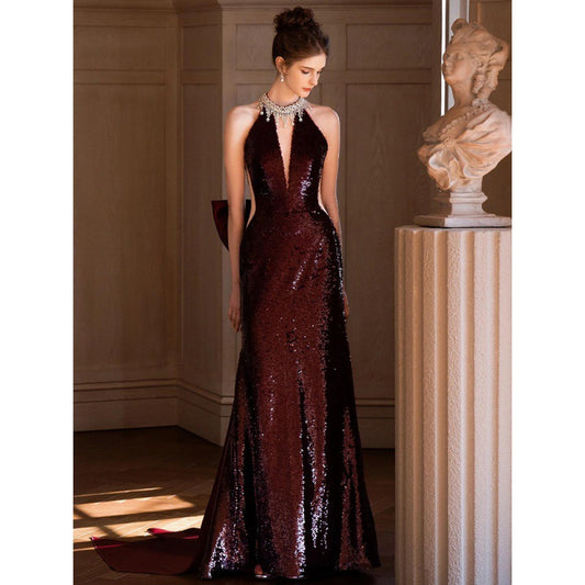 Sequined Toast Dress for Bride Wine Red Engagement Banquet Temperament Long Halter-Style Heavy Work Fishtail Evening Dress for Women