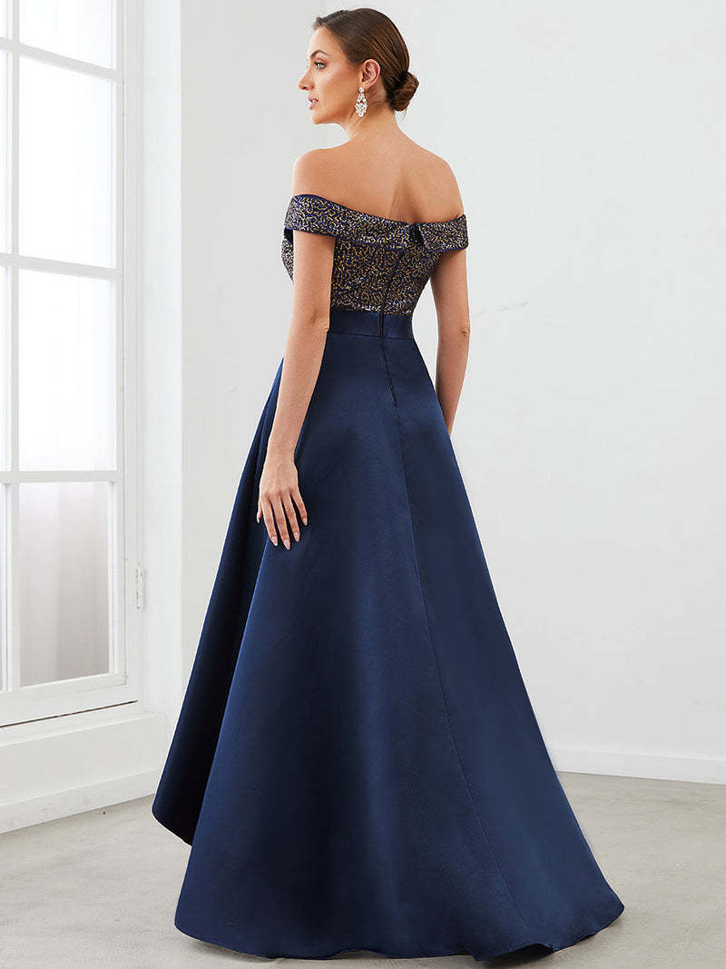 Europe and America Cross Border Foreign Trade off-Shoulder Evening Dress off-Shoulder Sequins High-End Banquet Graceful Satin Dress Small Tail