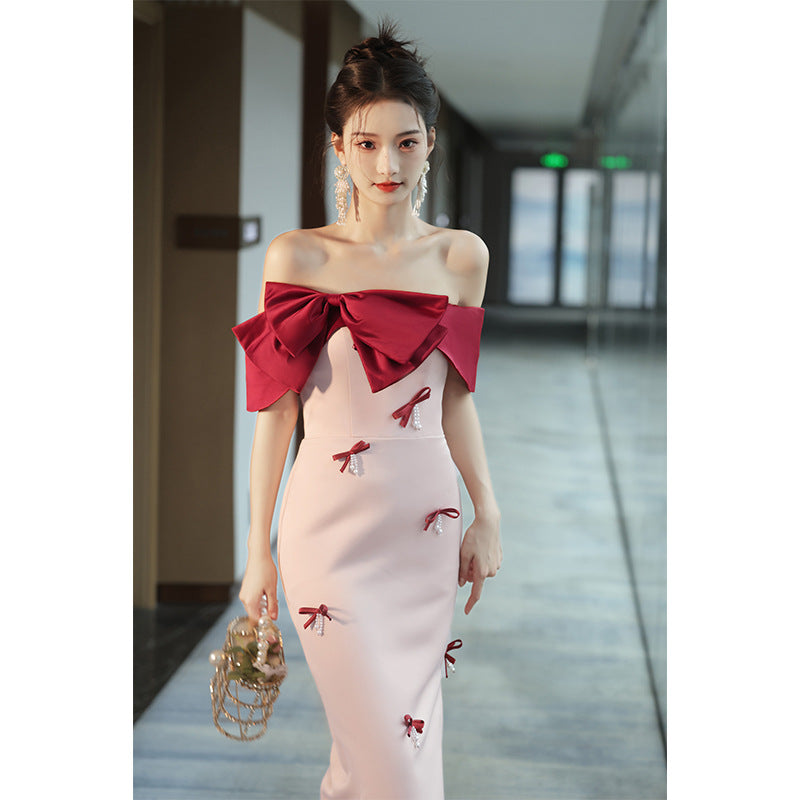 Dinner Dress Party Dresses Gala Pink Red Satin Flower Fishtail Off Shoulder Gown Women'S Bridal Midi Dress H28309