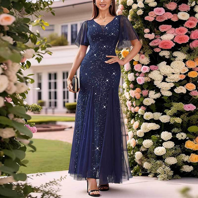 Cross-Border EBay Amazon European and American New Women's V-neck Dress Lace Chiffon Double-Layer Dress Sequined Evening Dress